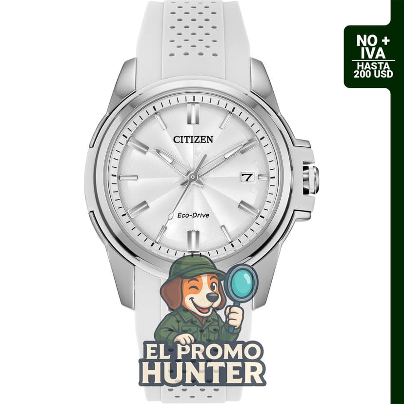 Reloj Eco-Drive de acero inoxidable plateado para mujer, con correa de goma blanca y esfera blanca. Modelo: FE6131-04A