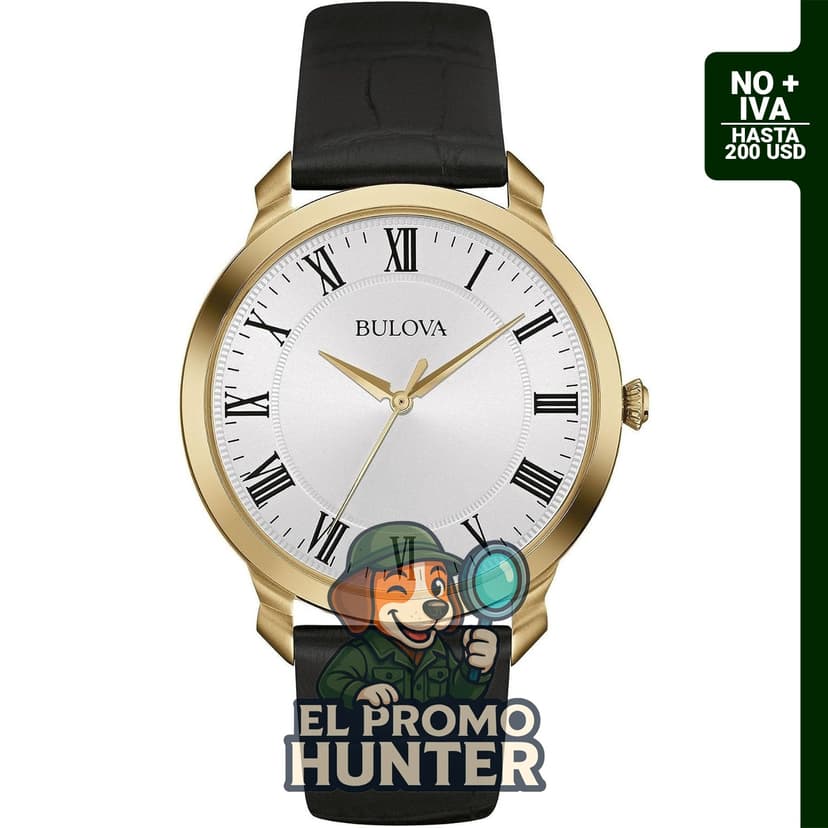 Reloj de cuarzo para hombre Bulova, correa de cuero negro, 41 mm, con marcadores de números romanos.