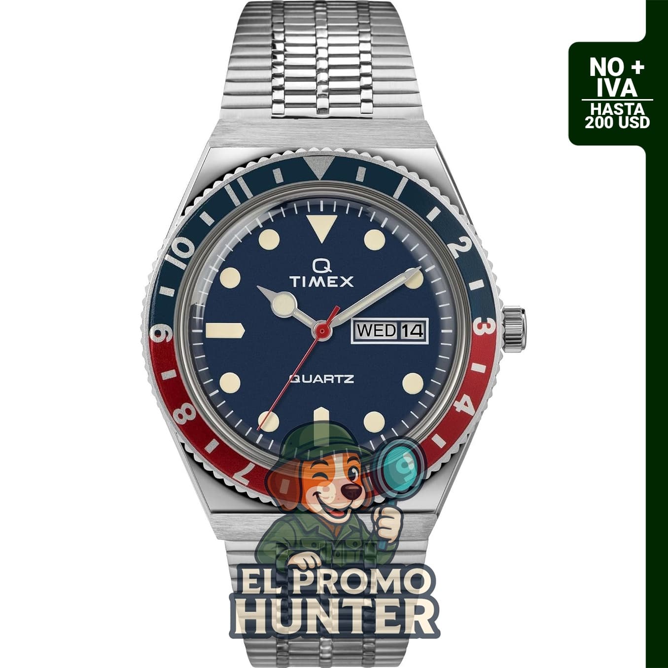 Reloj Timex Q para hombre de 38 mm, reedición de 1979, caja plateada y esfera azul.