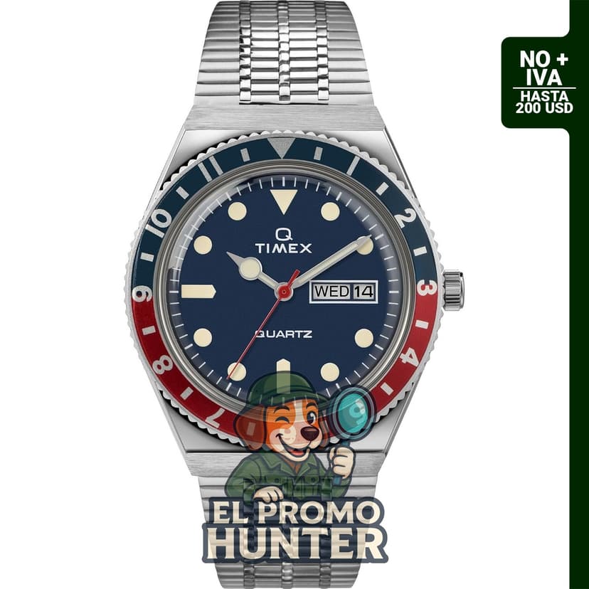 Reloj Timex Q para hombre de 38 mm, reedición de 1979, caja plateada y esfera azul.