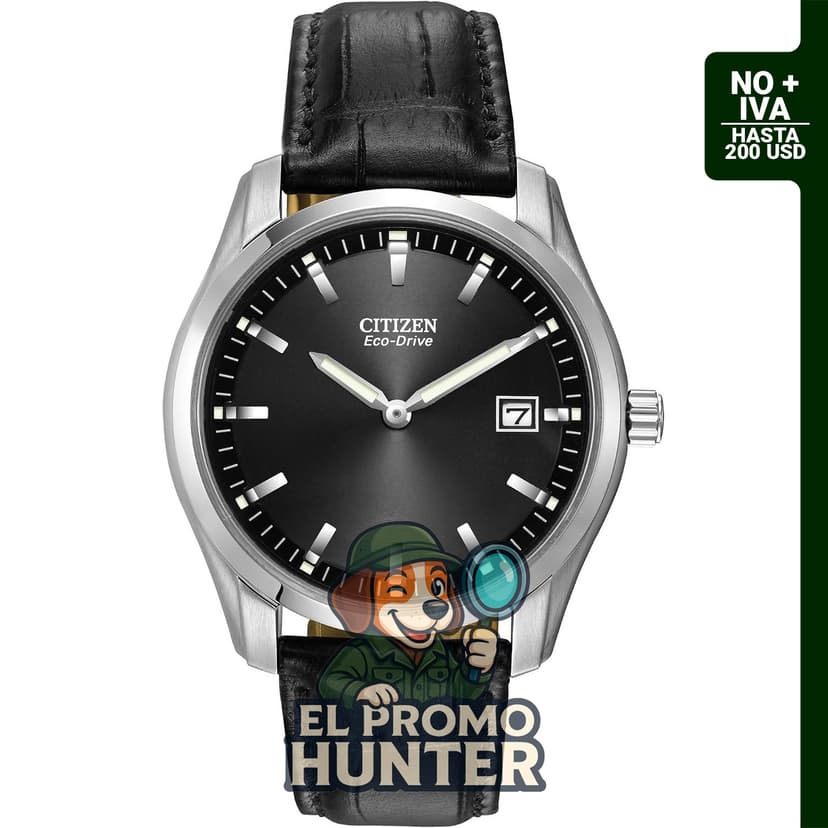 Reloj Citizen Eco-Drive para hombre con correa de cuero y acero inoxidable, esfera negra, manecillas y marcadores luminosos.