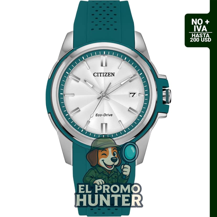 Reloj CITIZEN Eco-Drive Veya con caja de acero inoxidable de 3.34 cm, correa de silicona verde azulado y esfera blanca plateada.