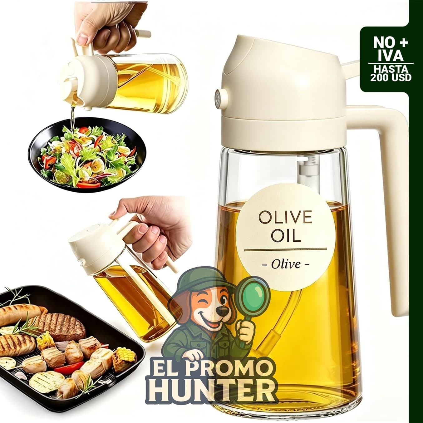 Rociador de aceite de oliva 2 en 1 de vidrio de 16 oz (470 ml) con control de porciones, recargable.