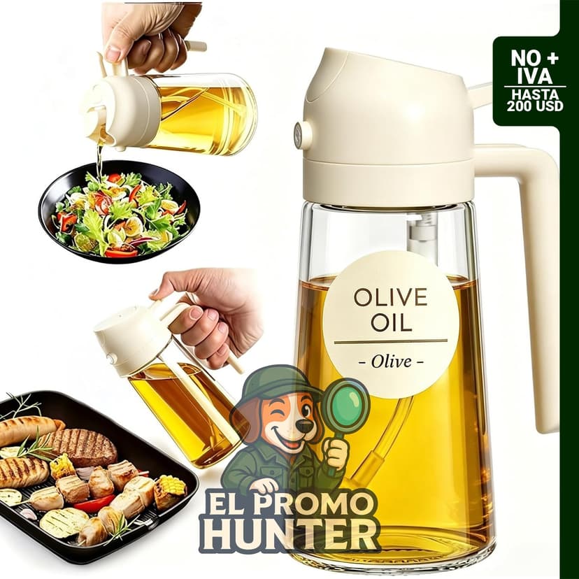 Rociador de aceite de oliva 2 en 1 de vidrio de 16 oz (470 ml) con control de porciones, recargable.
