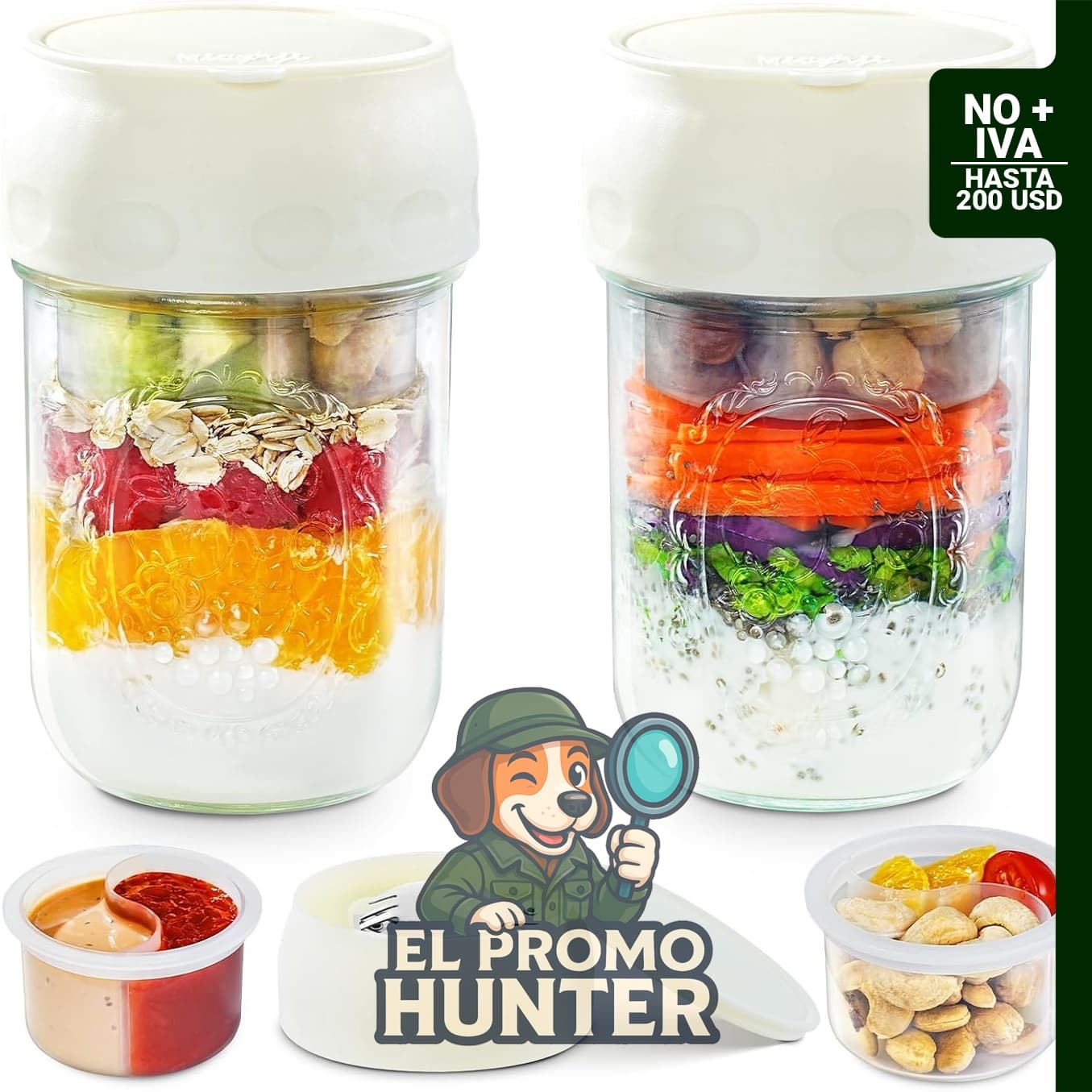 Paquete de 2 frascos de vidrio Mason de 16 oz con tapas y cucharas plegables, compartimento separado.