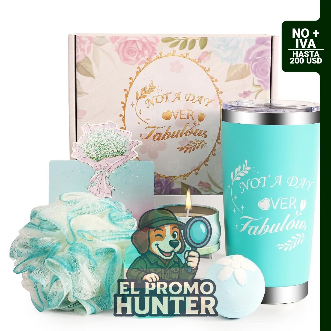 Set de spa y autocuidado para mujer con taza azul, incluye productos para el cuidado del cuerpo.