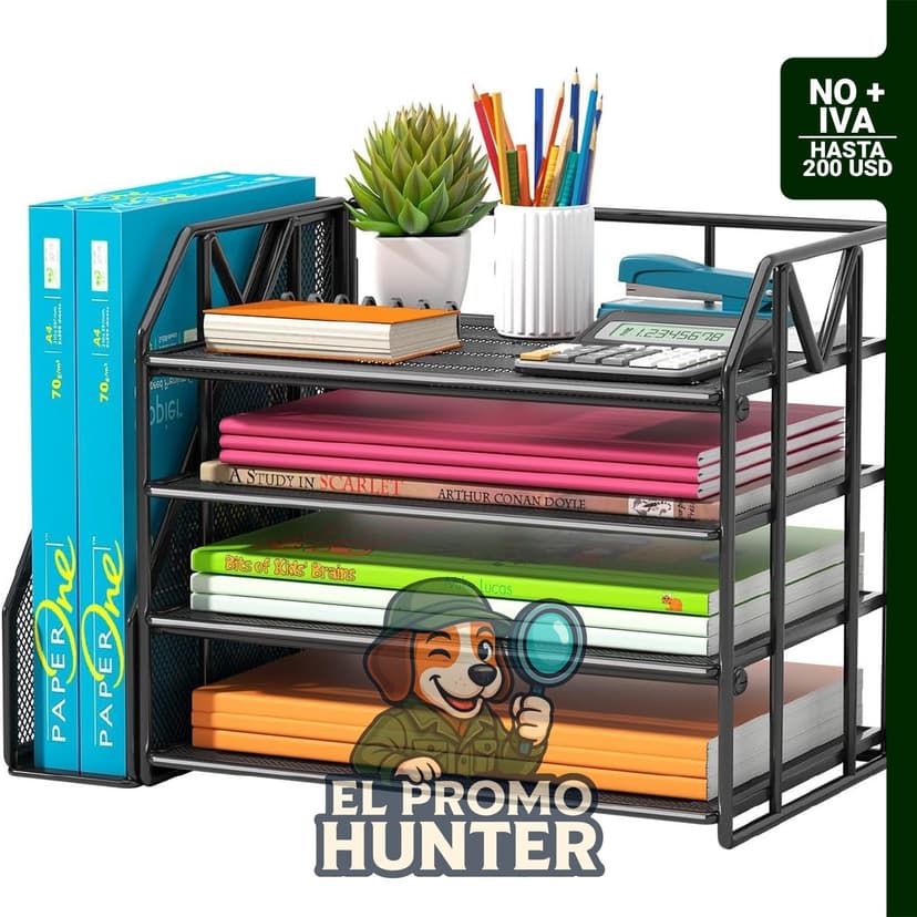 Organizador de archivos de papel de 4 niveles con sujetalibros, bandeja escalonada para documentos A4 y cartas.