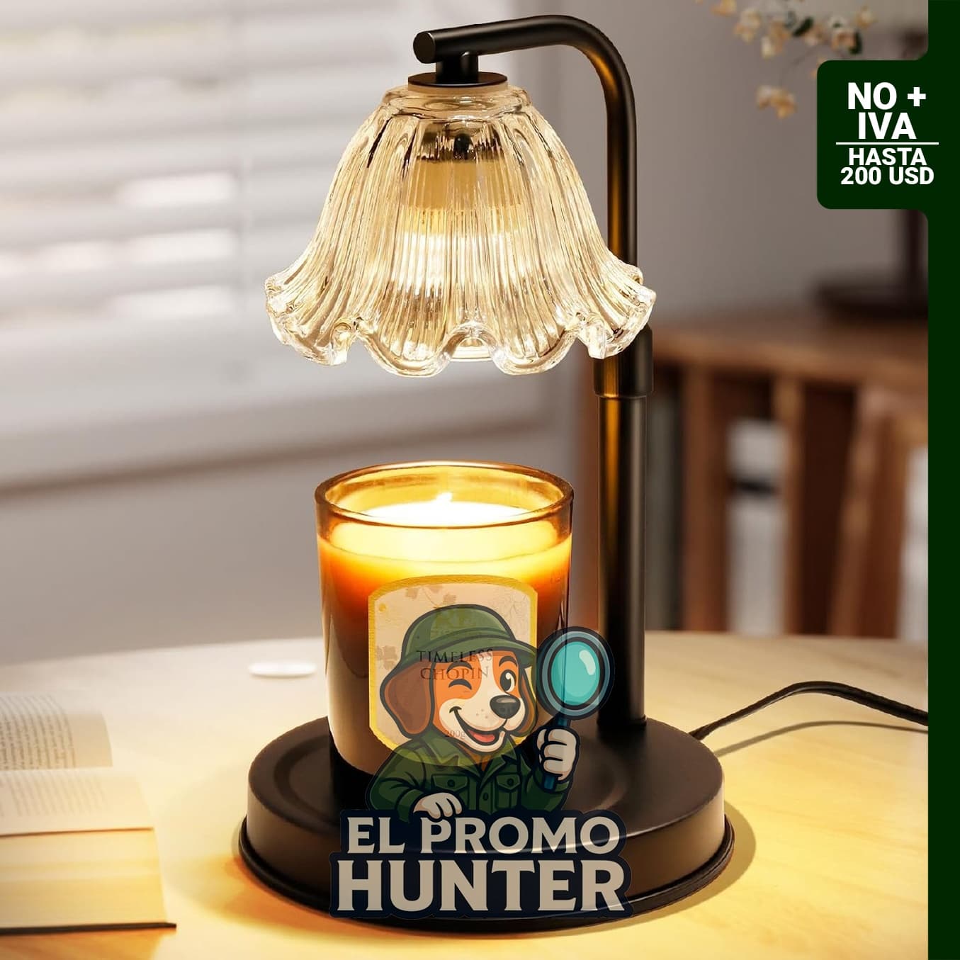 Lámpara calentadora de cera fundida con temporizador ajustable, altura de 18 a 28 cm, incluye dos bombillas de 50W.