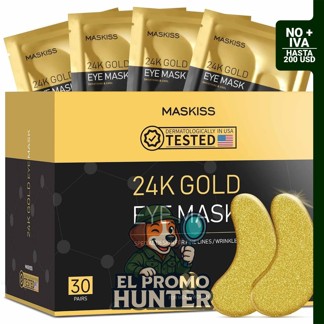 Parches de oro de 24 quilates para debajo de los ojos (30 pares), con colágeno para el cuidado de la piel.