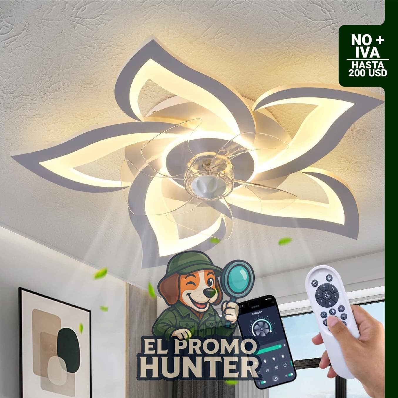 Ventilador de techo de montaje empotrado con luces, 24" (61 cm) blanco, control remoto, 6 velocidades, 3 colores de luz.