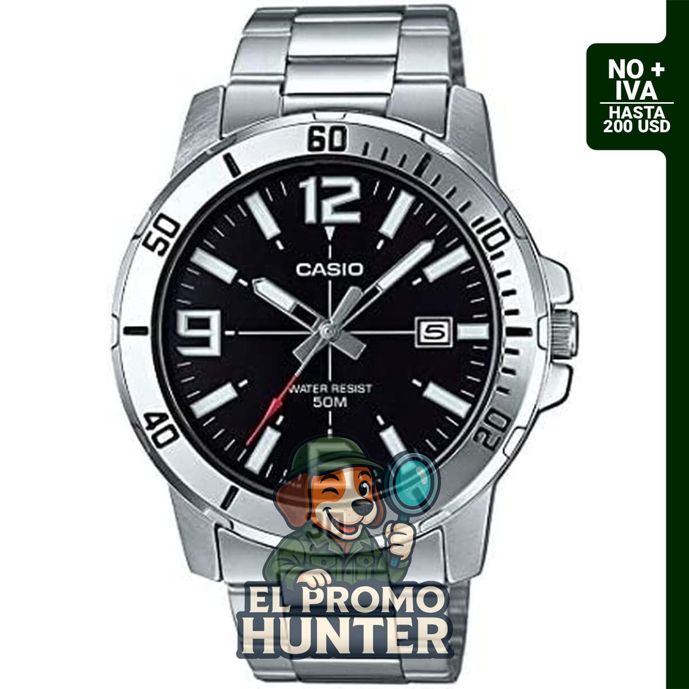 Reloj deportivo analógico Casio MTP-VD01D-1BV para hombre, acero inoxidable, esfera negra, 48 × 42 × 10.7 mm, movimiento de cuarzo.