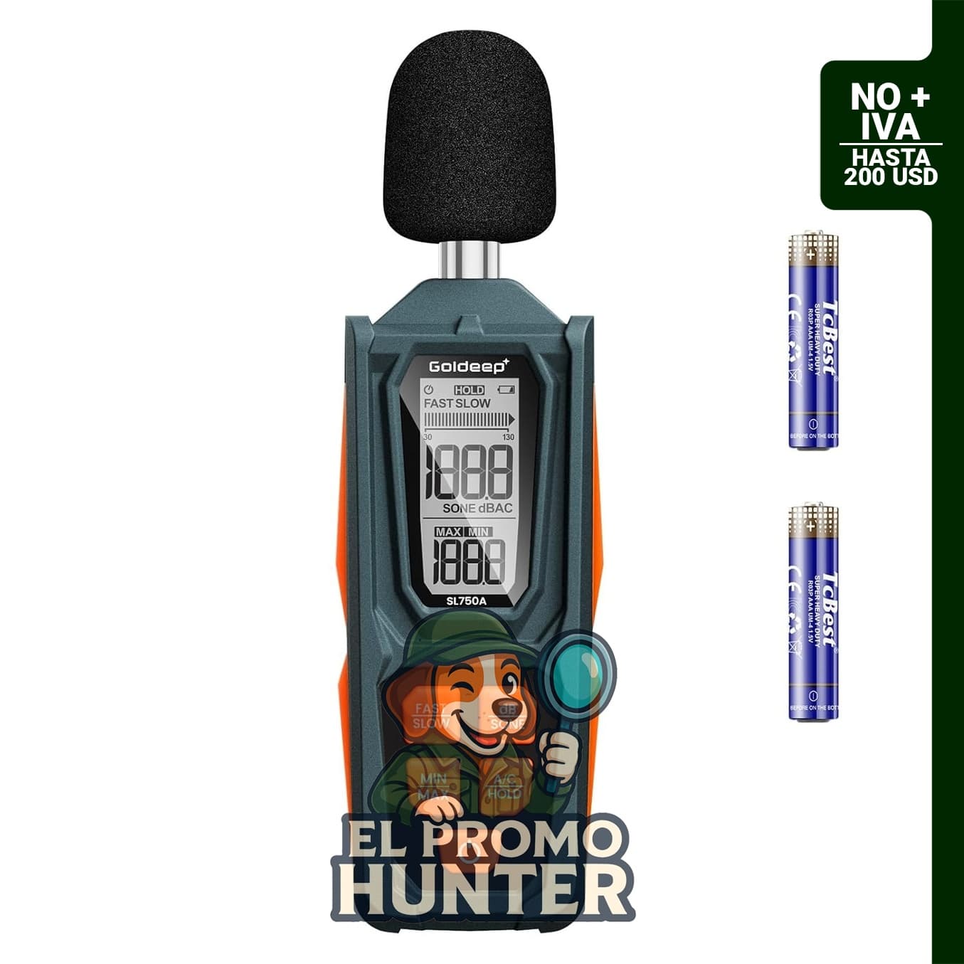 Medidor de sonido digital Goldeep SL750A, rango de 30-130 dB, con funciones A/C, dB/SONE, y pantalla LCD.