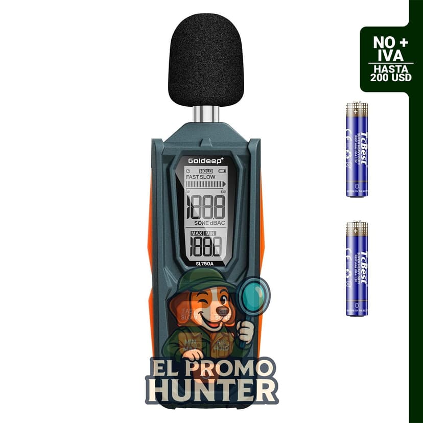 Medidor de sonido digital Goldeep SL750A, rango de 30-130 dB, con funciones A/C, dB/SONE, y pantalla LCD.