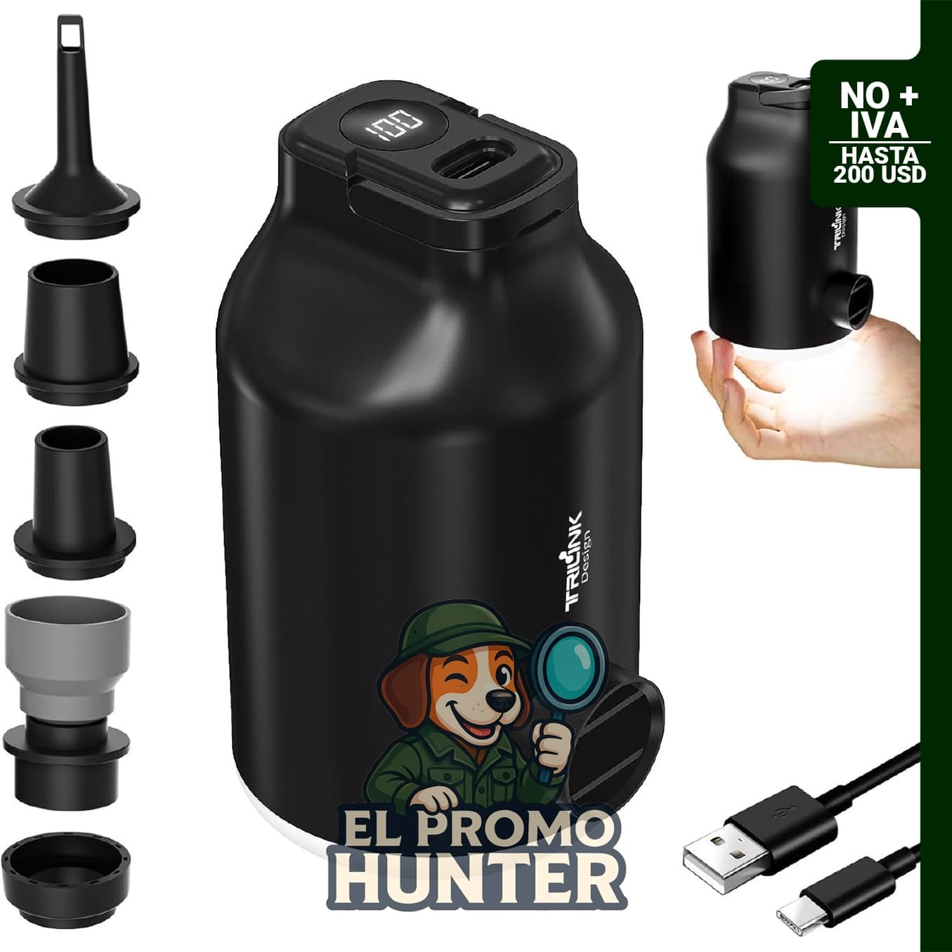 Mini bomba de aire portátil TRILINK, recargable, con 5 boquillas y luz LED, para inflables.