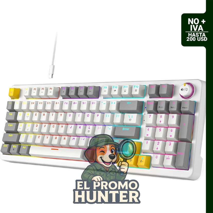 Teclado mecánico AK96, 96 teclas, retroiluminación LED, sonido clicky, conexión USB, incluye perilla de volumen.