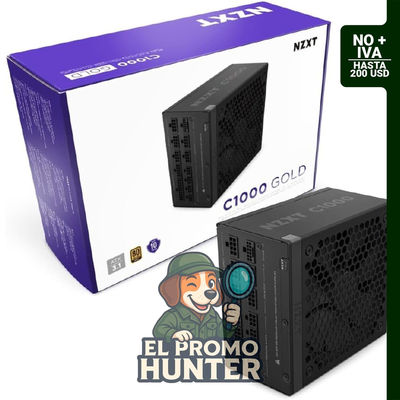 Fuente de alimentación NZXT C1000 Gold ATX 3.1, 1000 W, totalmente modular, 80 Plus Gold.