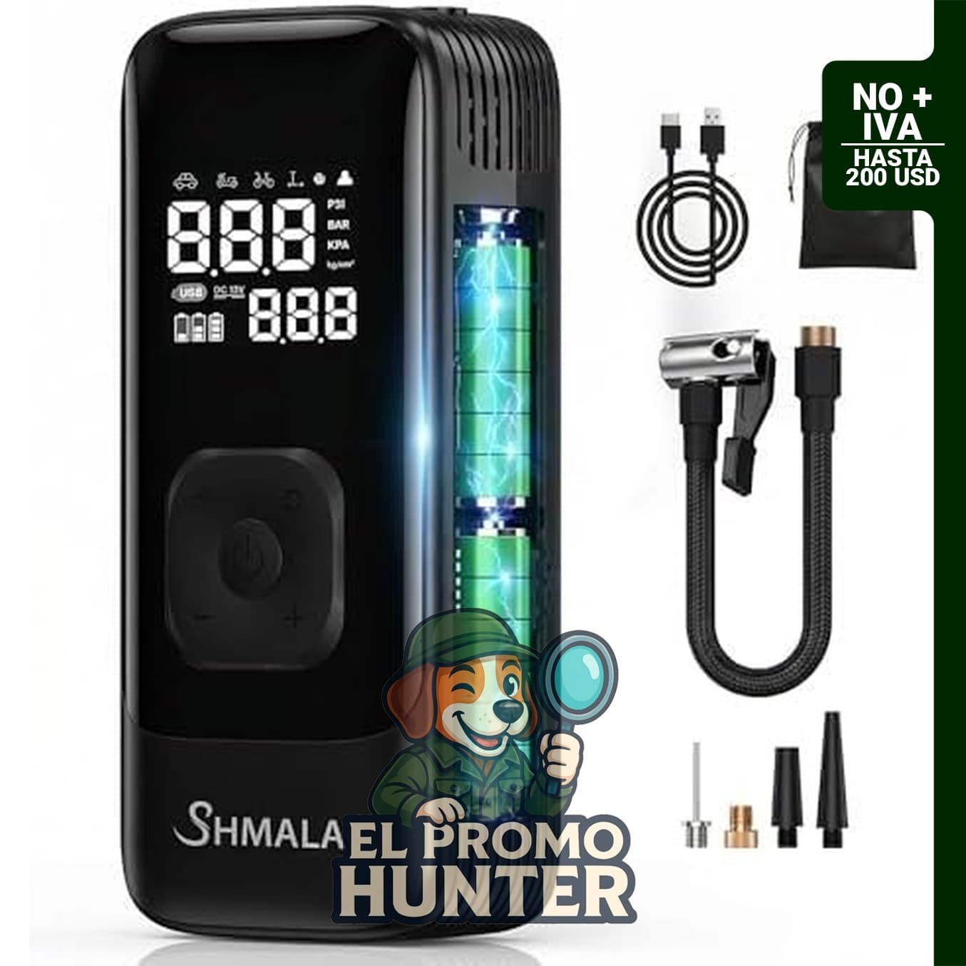 Compresor de aire portátil inalámbrico con indicador digital y luz LED, apto para neumáticos de automóvil, motocicleta y bicicleta.