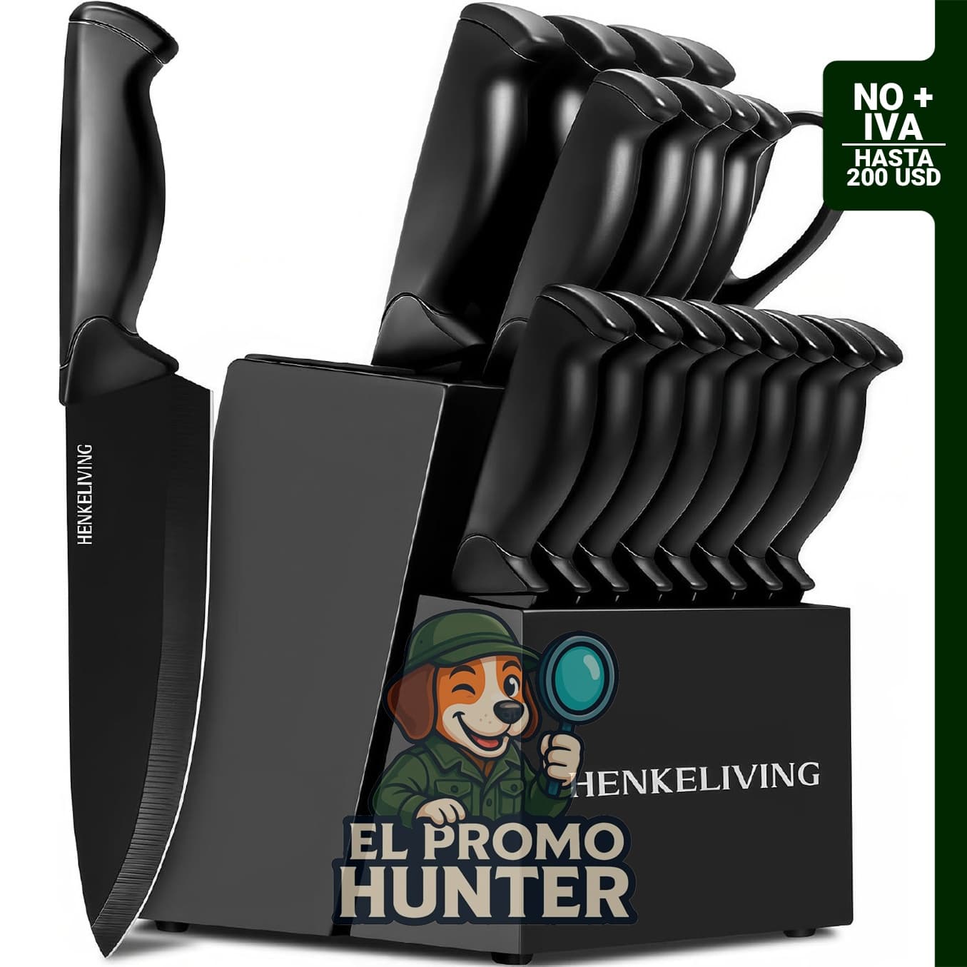 Juego de bloques de cuchillos de cocina negros de 19 piezas con afilador, acero inoxidable de alto carbono.