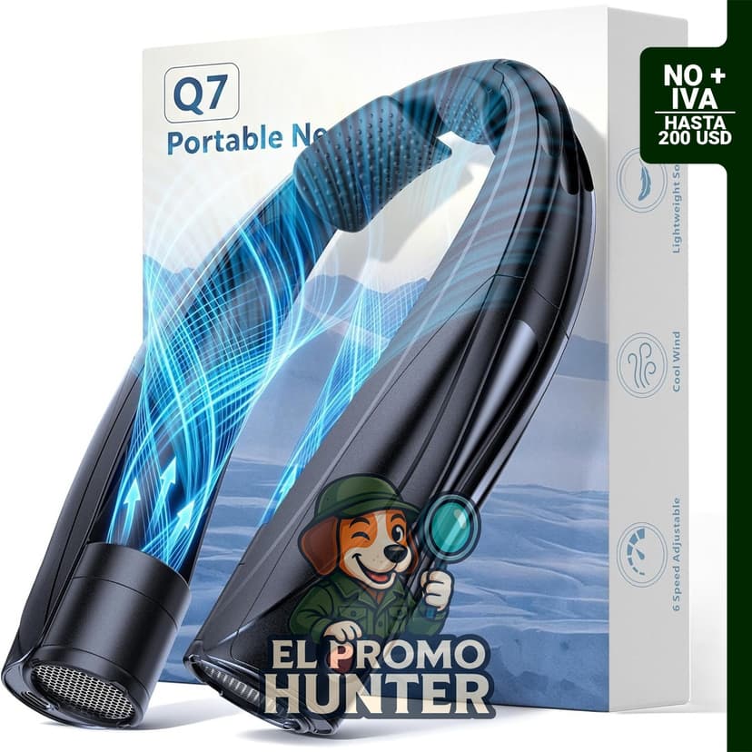 Ventilador de cuello portátil recargable de 6000 mAh, con refrigeración de 360° y 6 velocidades ajustables.