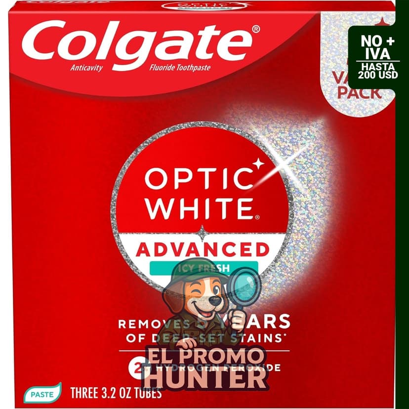 Pasta de dientes blanqueadora Colgate Optic White Advanced con peróxido de hidrógeno, elimina manchas de café, té y vino.