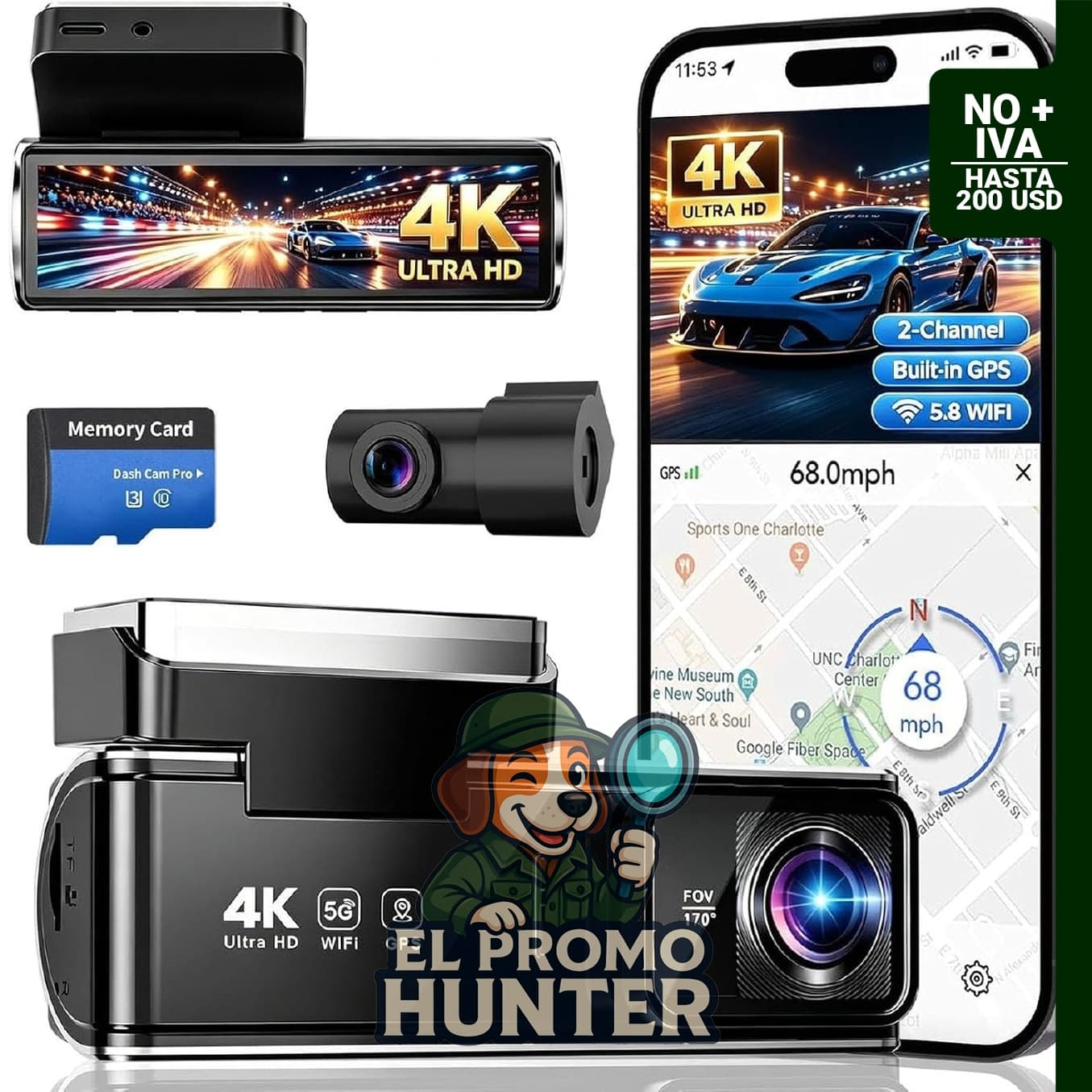 Cámara de tablero dual 4K con GPS, pantalla IPS de 3.5", gran angular de 170°, incluye tarjeta de 64 GB.