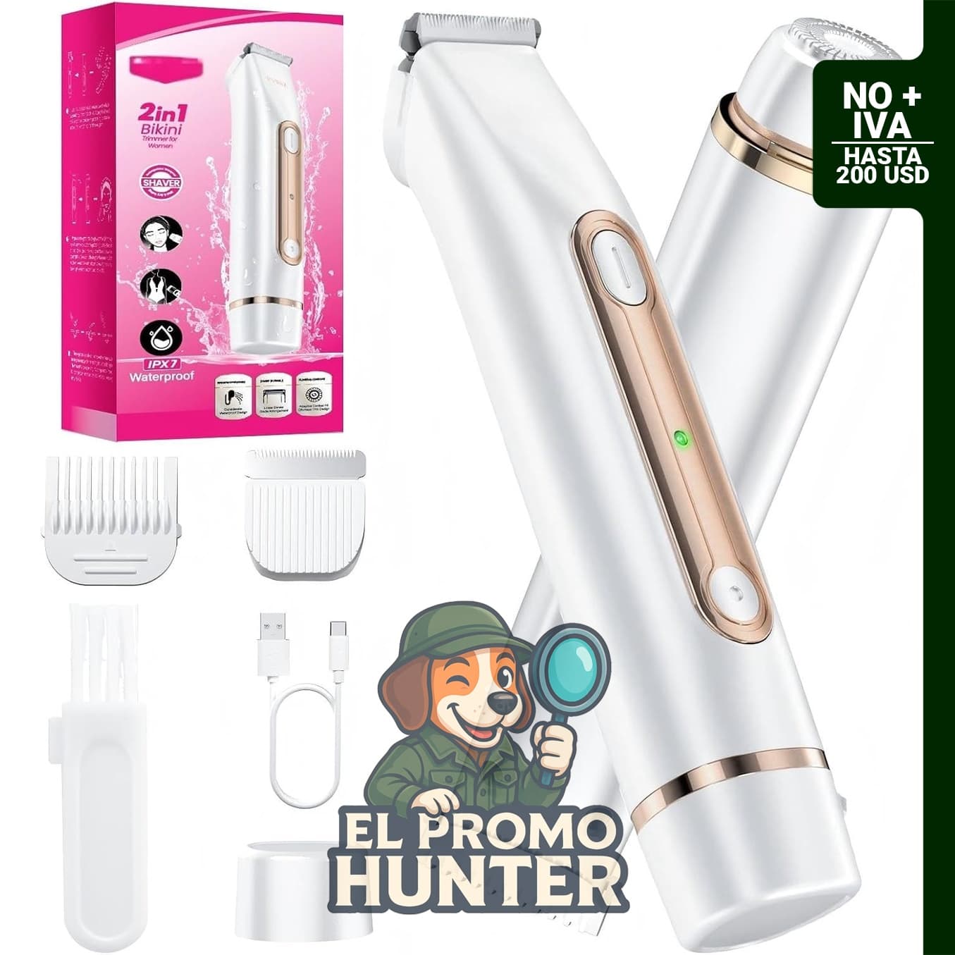 Recortadora eléctrica 2 en 1 para mujer, diseñada para vello púbico y facial, impermeable IPX7 y recargable.
