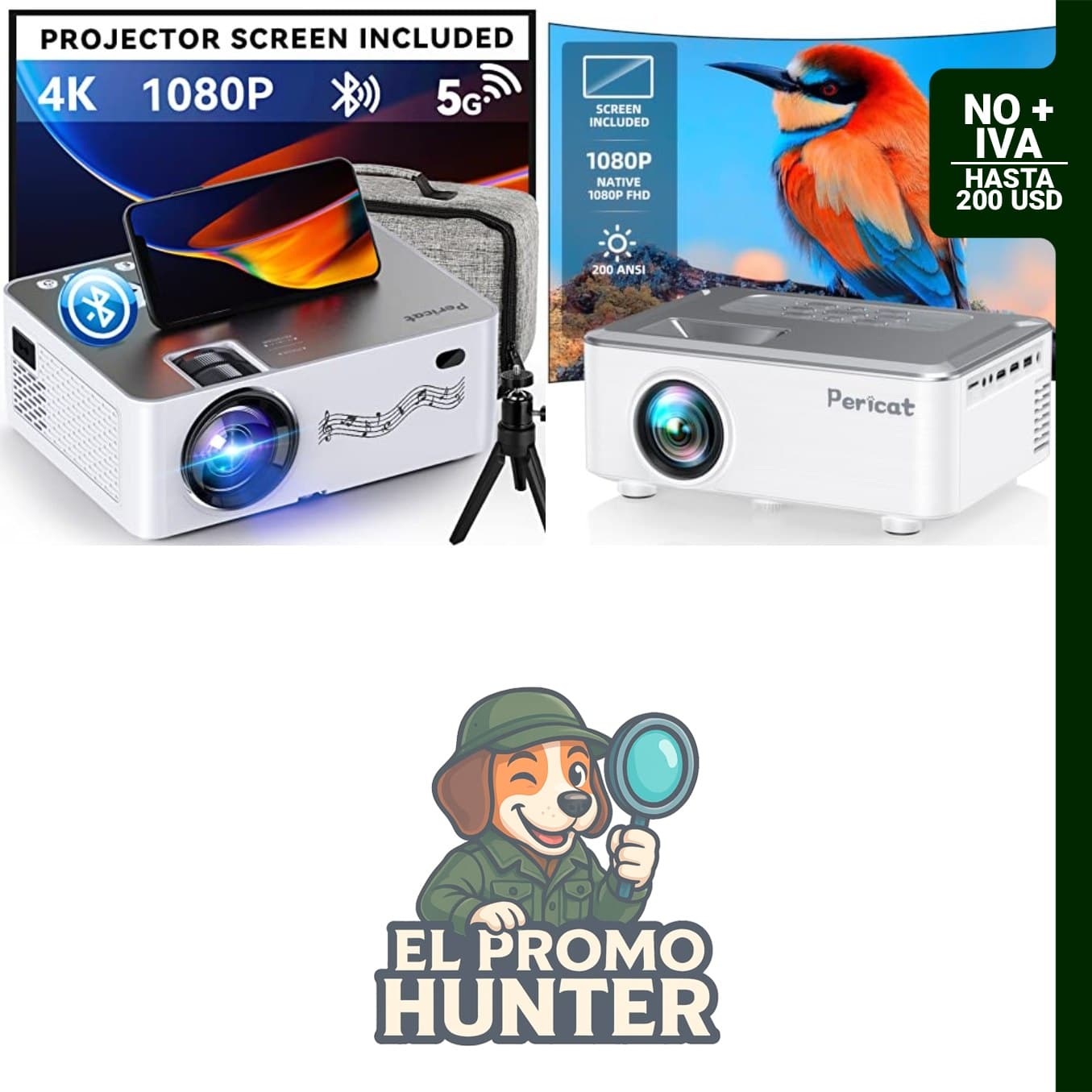 Proyector HD 1080P con WIFI y Bluetooth, pantalla de 100" (254 cm), altavoz de 15 W, compatible con dispositivos USB y HDMI.