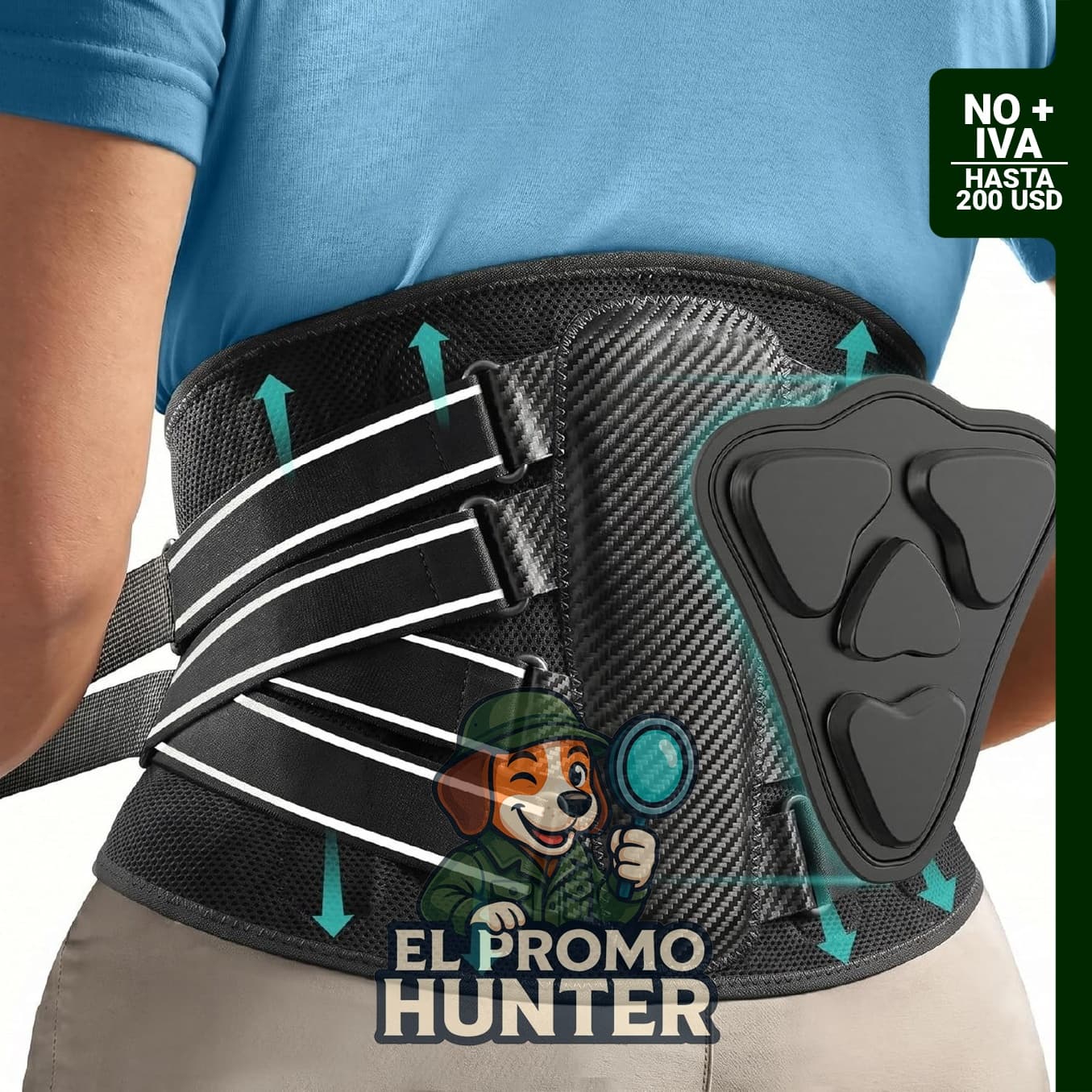 Soporte lumbar para dolor de espalda baja con panel ancho, 7 varillas y almohadilla triangular 3D.