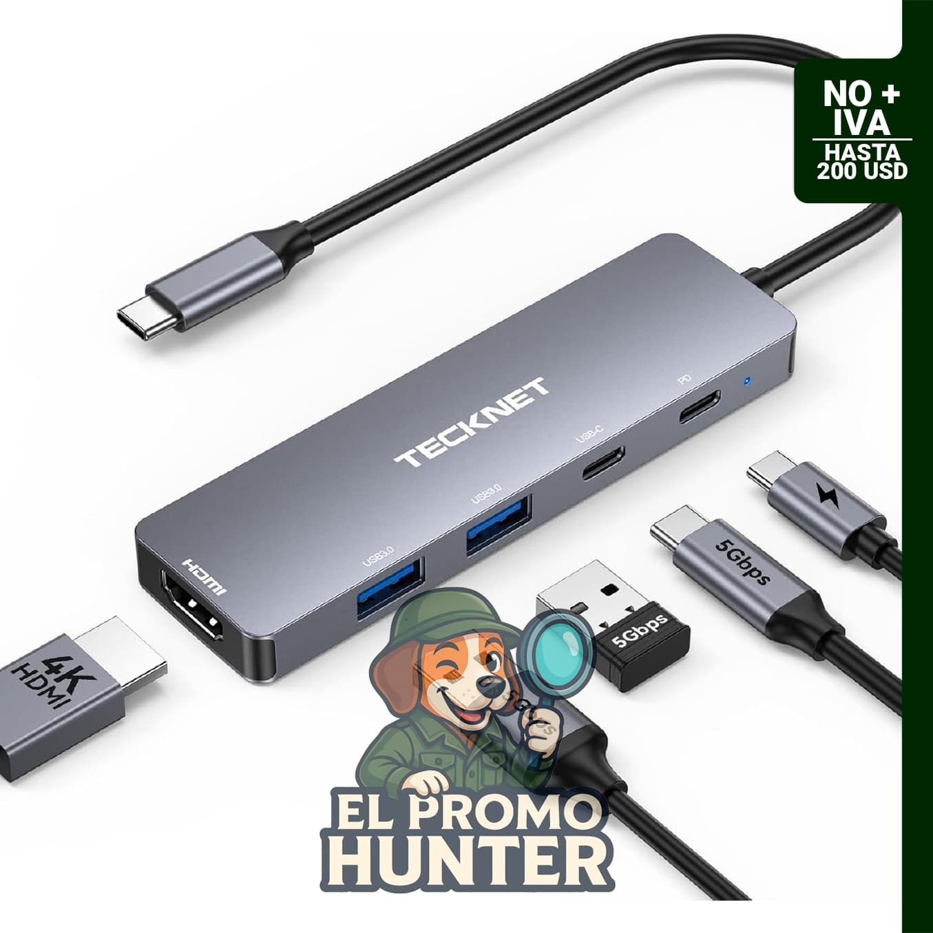 TECKNET Hub USB C 5 en 1, adaptador HDMI a USB C con salida 4K a 60Hz y carga PD de 100 W. Incluye 2 puertos USB-A y 1 USB-C 3.0.