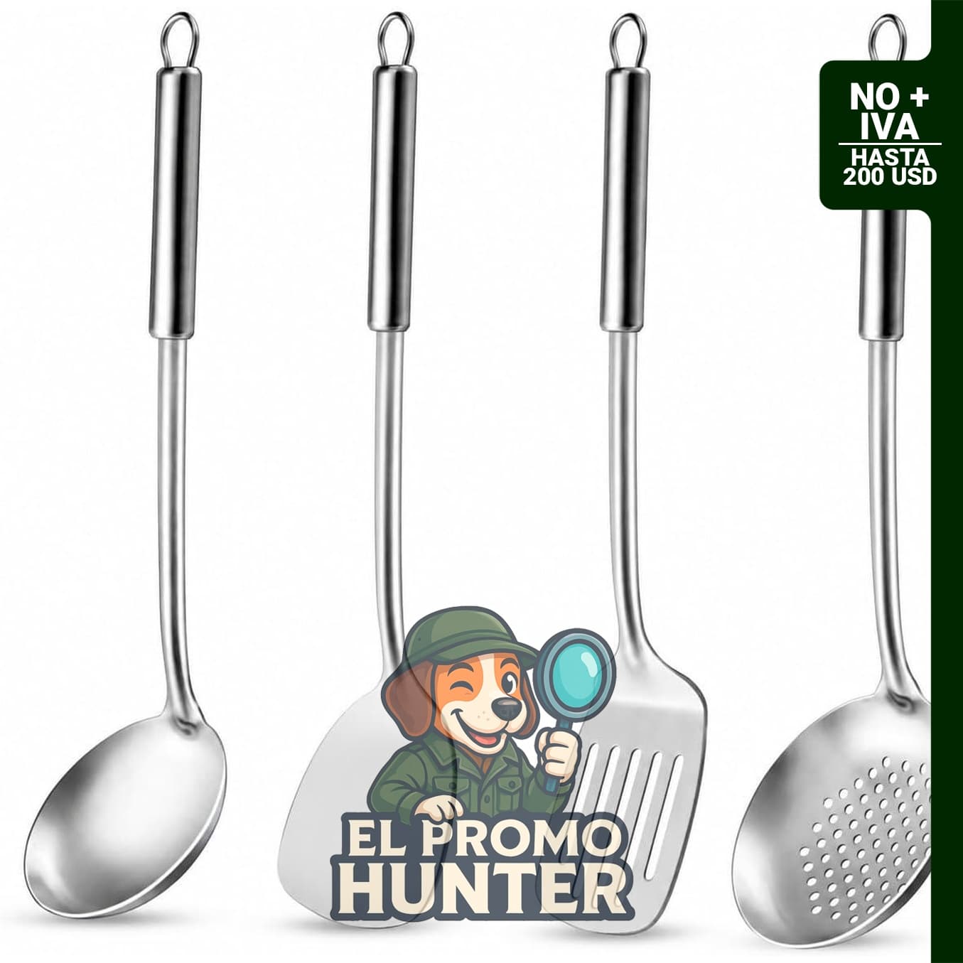 Juego de 4 utensilios de cocina de acero inoxidable, incluye cucharón de wok, cuchara ranurada, espátula de wok y espátula ranurada.