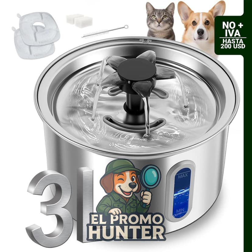 Fuente de agua de acero inoxidable para gatos de 3 L (101 oz), dispensador automático silencioso.
