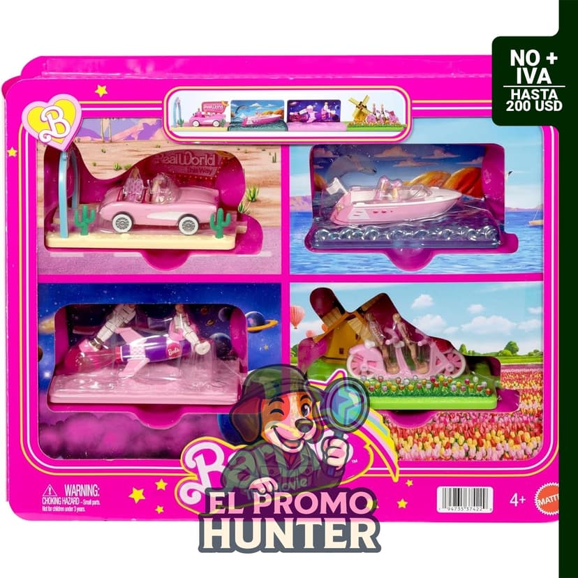 Colección de vehículos Barbie Mini BarbieLand The Movie, incluye 8 muñecas de 3.8 cm y 4 vehículos.