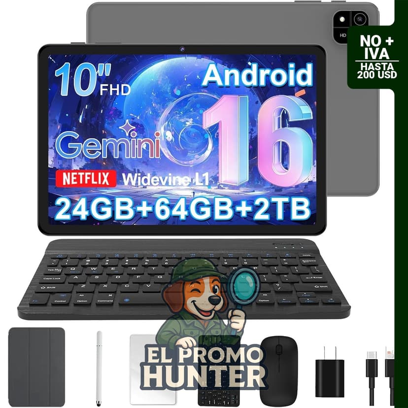 Tablet Android de 10" (25.4 cm) con teclado, Octa-Core, 24 GB RAM, 64 GB ROM, expansión hasta 2 TB, 6000 mAh, WiFi, Widevine L1, GMS.