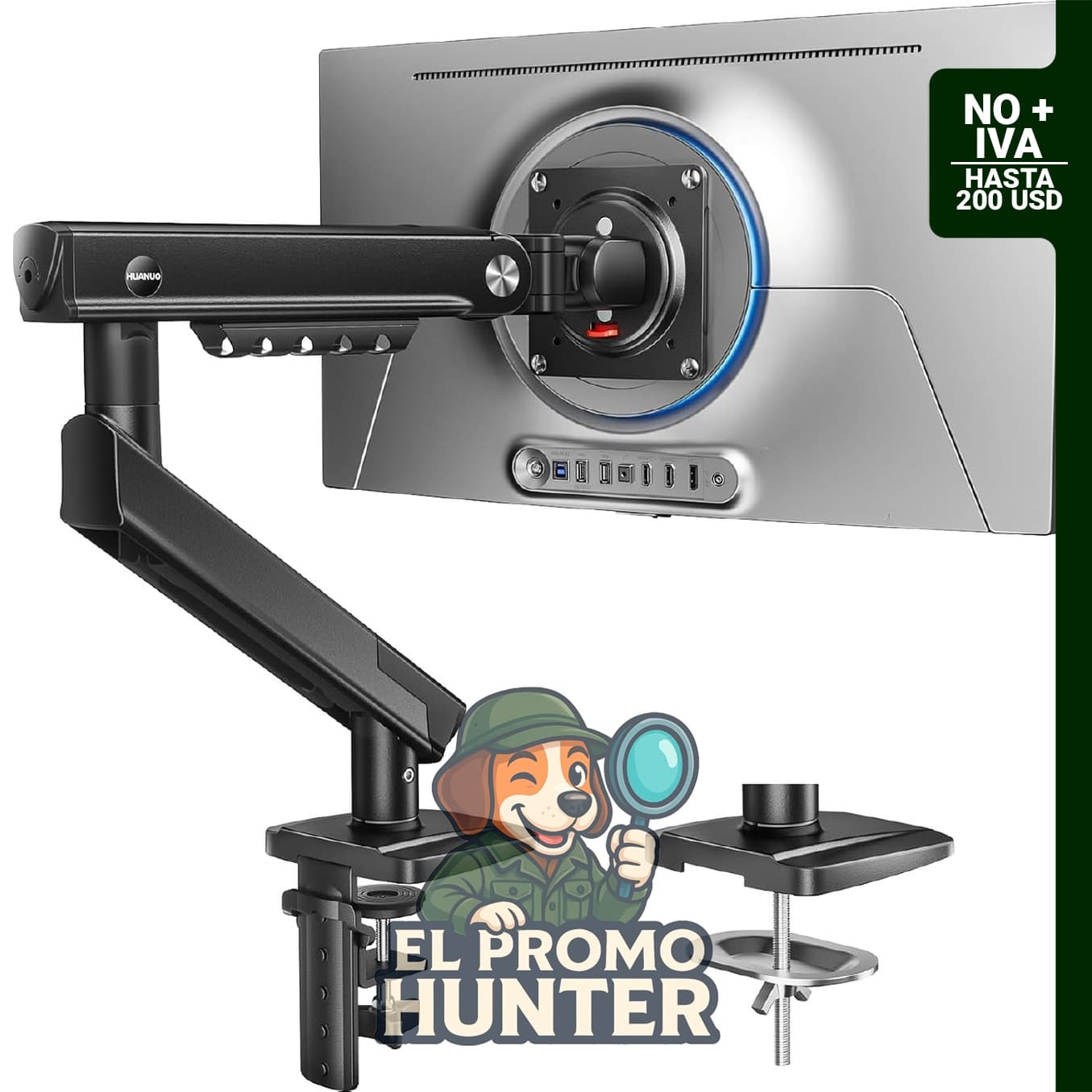 Brazo de monitor HUANUO FlowLift™ Pro para pantallas de 33 a 81 cm, soporte ajustable con inclinación, giro y rotación, montaje VESA.