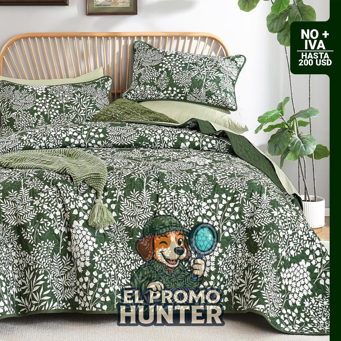 Juego de edredón botánico tamaño King, colcha verde con 2 fundas de almohada, microfibra suave, diseño floral.