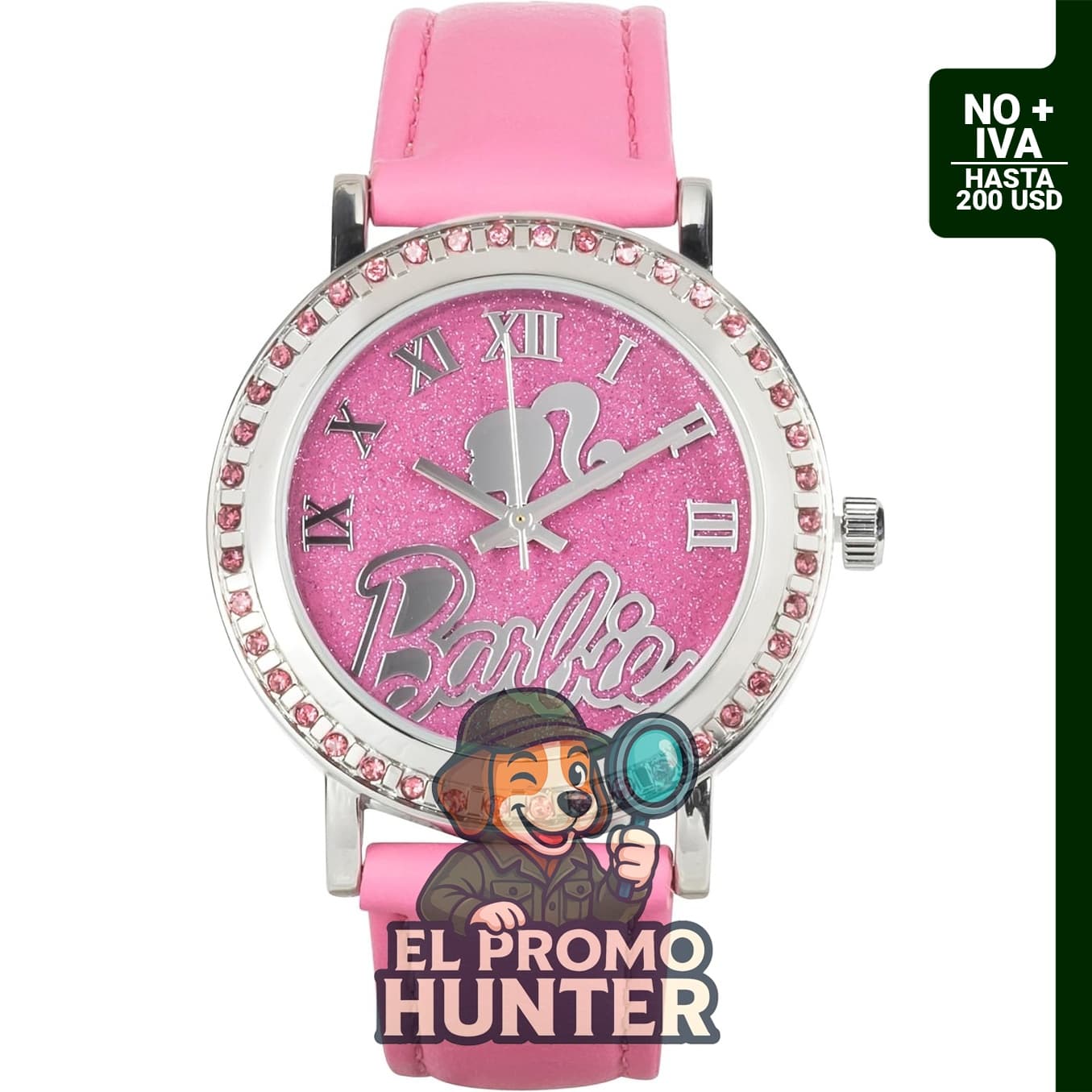 Reloj analógico para niñas con correa rosa y bisel plateado, incluye caja. Se adapta a muñecas de 14 a 20 cm.