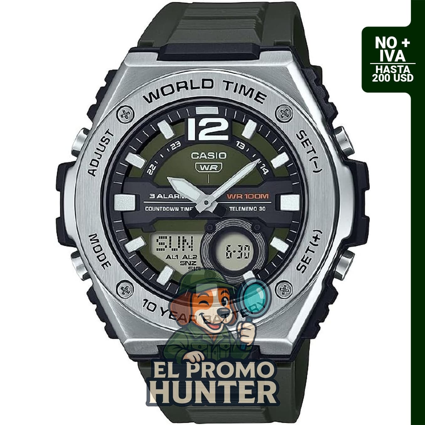Reloj digital Casio MWQ100 para hombre, acero inoxidable, resistencia al agua 100 m, múltiples funciones.
