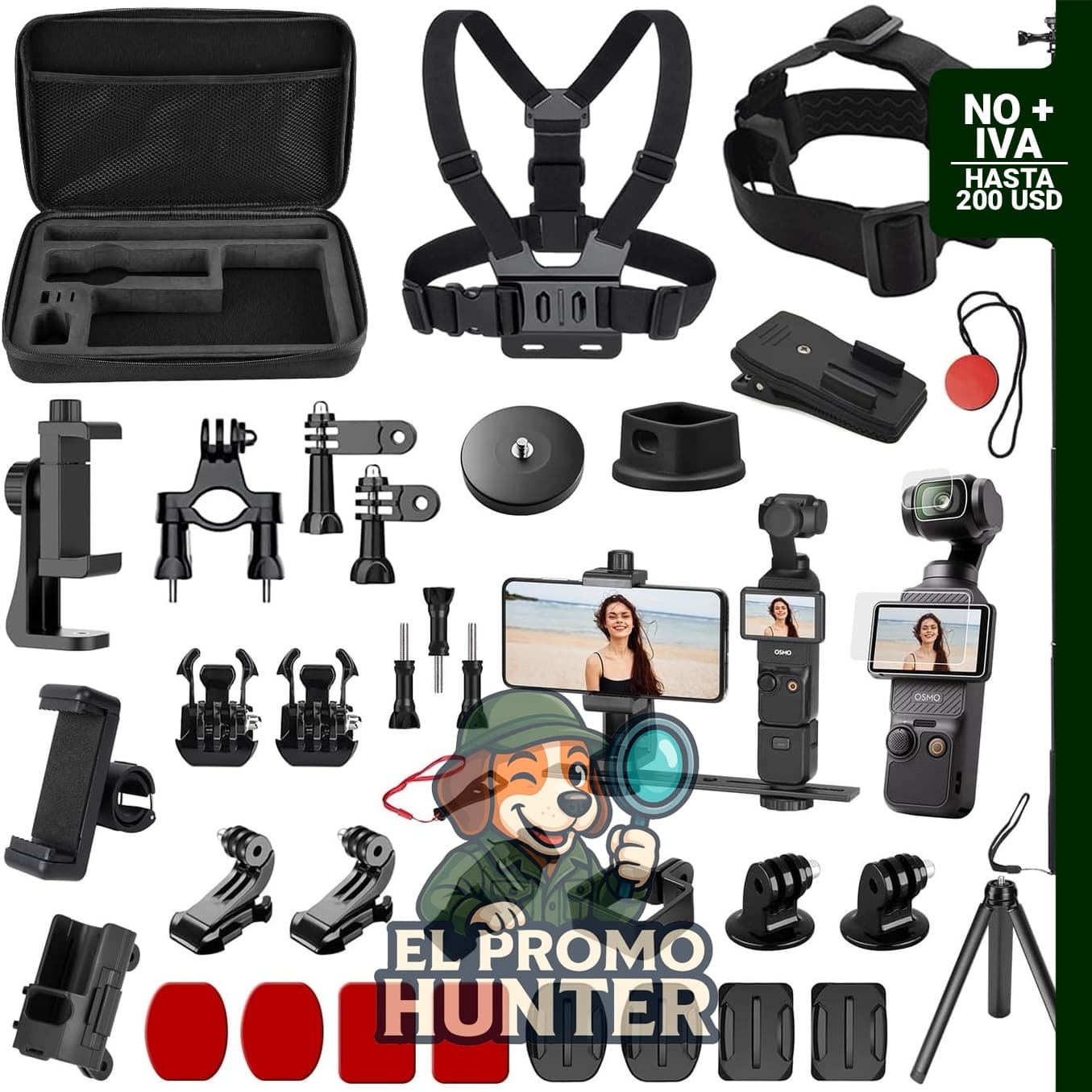 Kit de accesorios para OSMO Pocket 3/Pocket 4, incluye bolsa organizadora, funda rígida, selfie stick, trípode y soporte magnético.