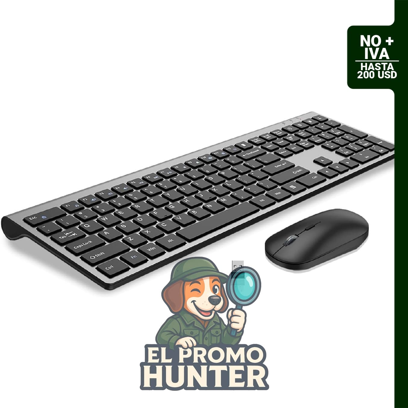 Teclado y ratón inalámbricos de tamaño completo con dongle de 2.4 GHz, diseño delgado y clic silencioso.