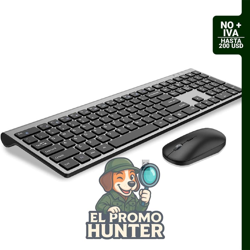 Teclado y ratón inalámbricos de tamaño completo con dongle de 2.4 GHz, diseño delgado y clic silencioso.