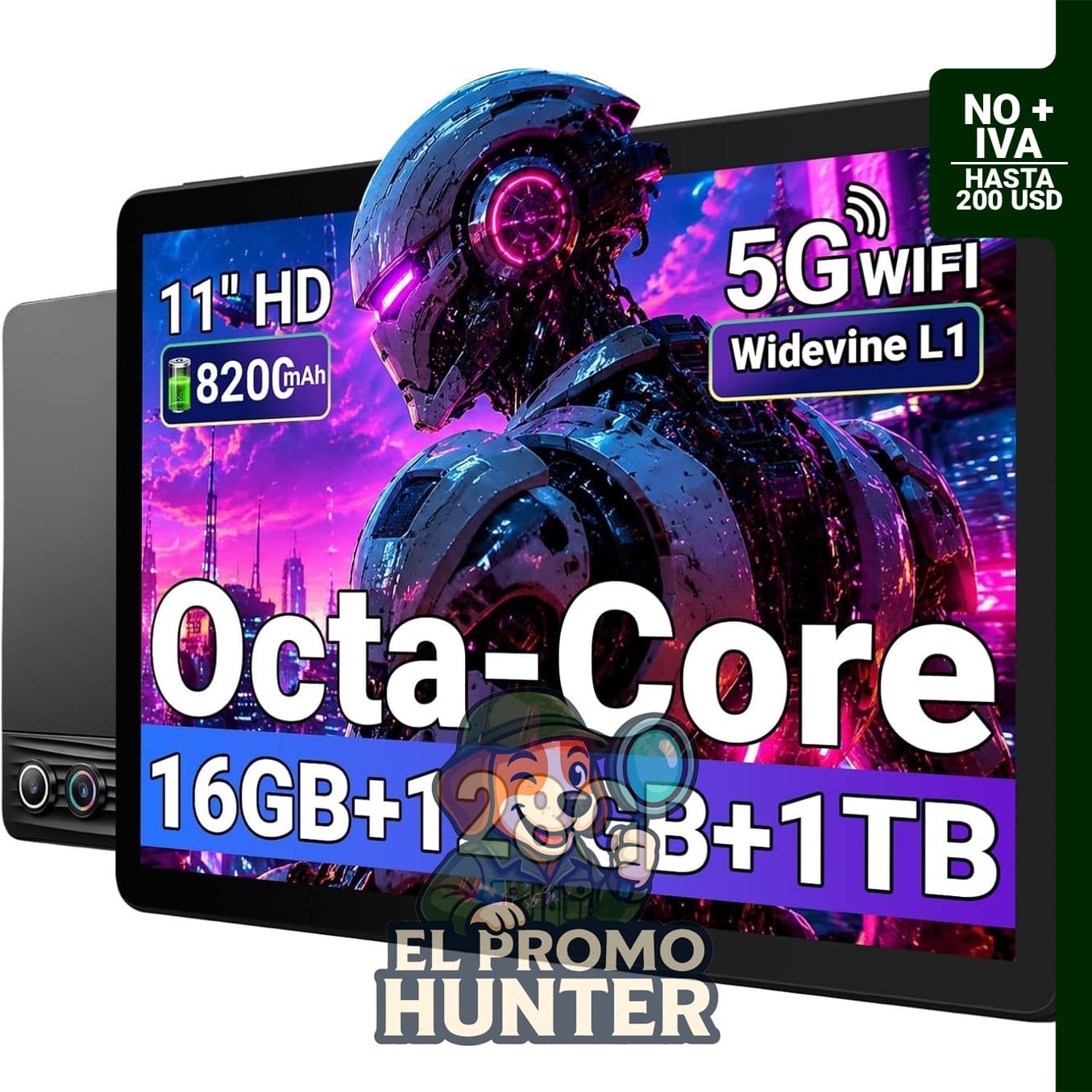 Tableta MUISOO de 11" (28 cm), Octa-Core, 16GB RAM, 128GB ROM, expansión hasta 1TB, batería de 8200mAh, WiFi 6, Bluetooth 5.3, pantalla HD IPS, cámara dual, Android 14.
