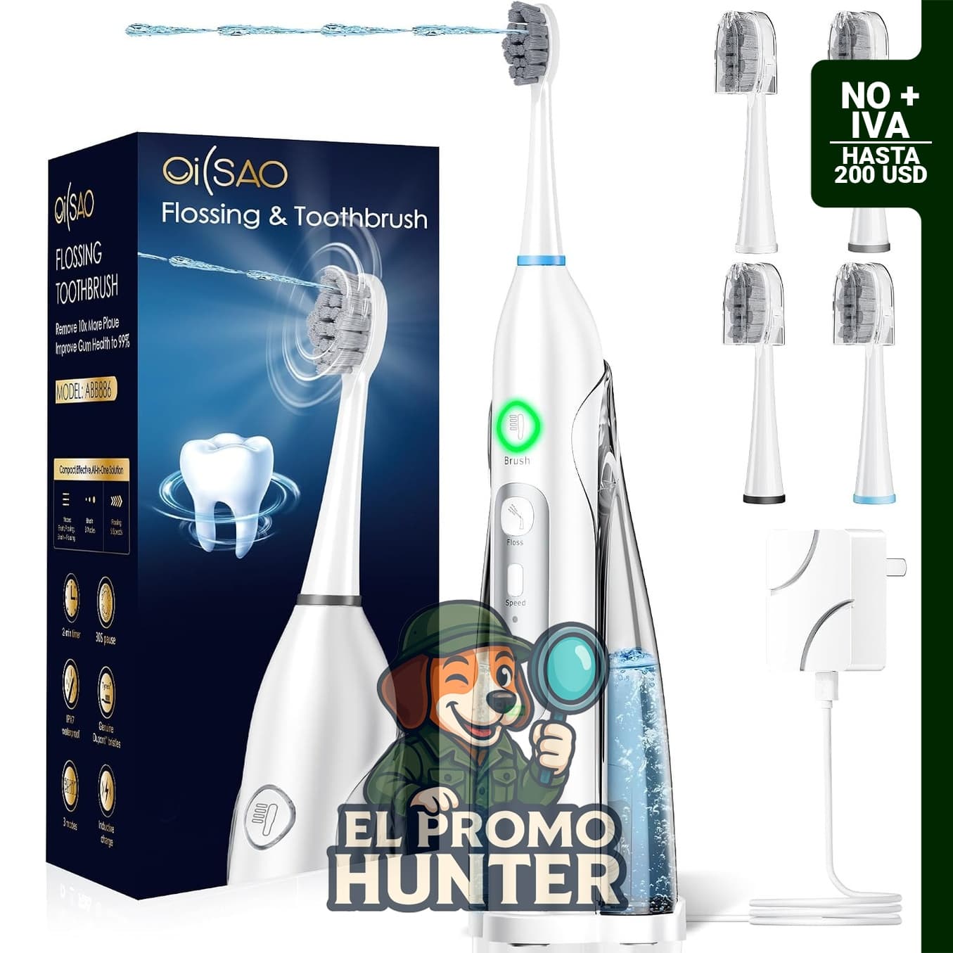 Cepillo de dientes sónico 3 en 1 con hilo dental de agua, 3 modos y 5 velocidades, incluye 4 cabezales.