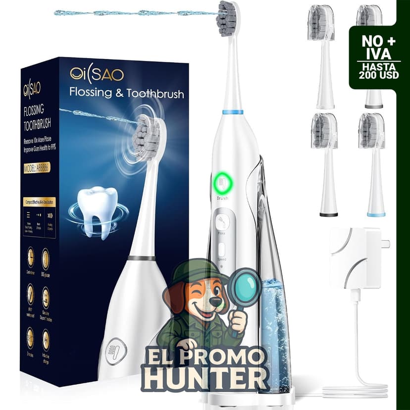 Cepillo de dientes sónico 3 en 1 con hilo dental de agua, 3 modos y 5 velocidades, incluye 4 cabezales.