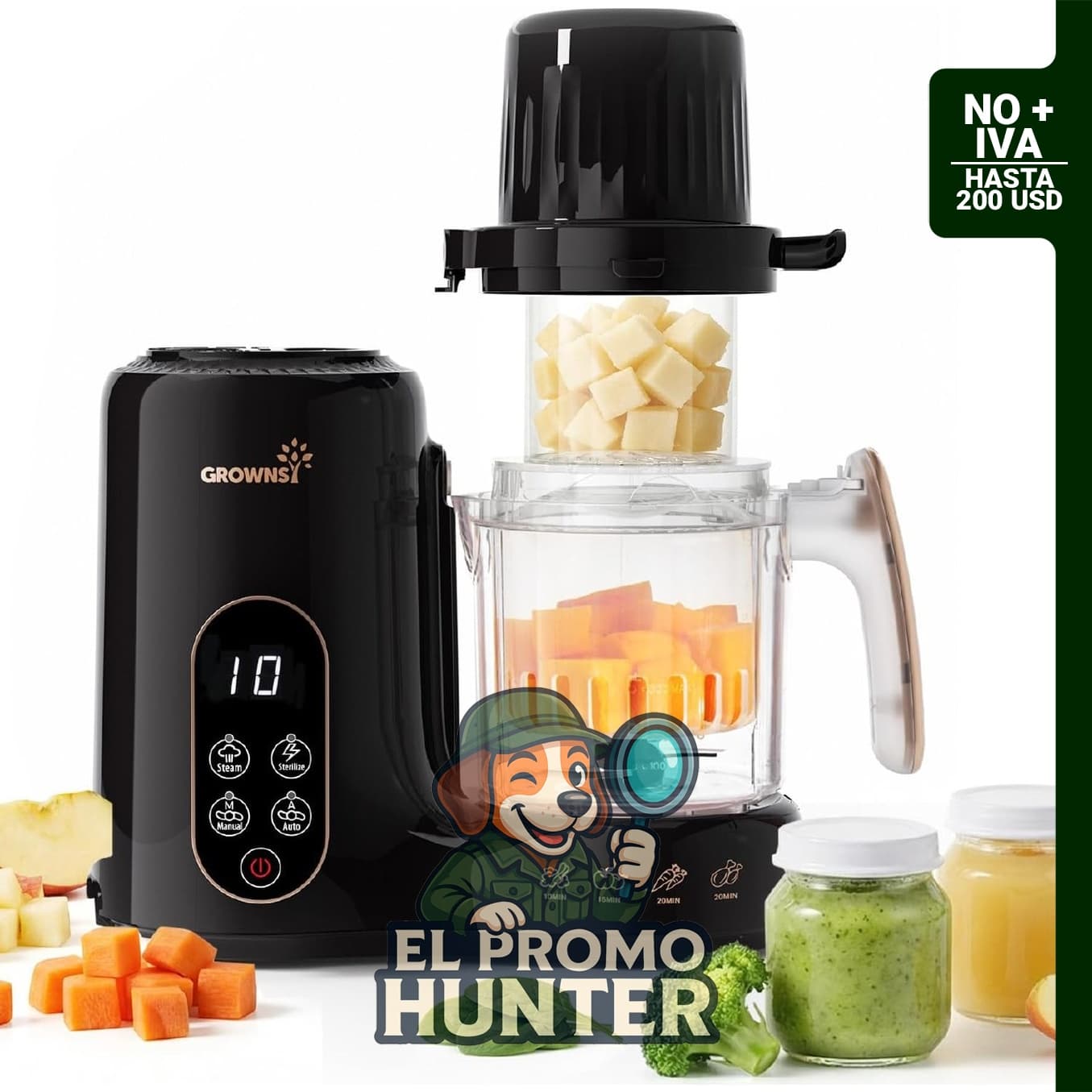 Procesador de alimentos para bebé con vapor y licuadora, color negro y dorado, adecuado para purés caseros.