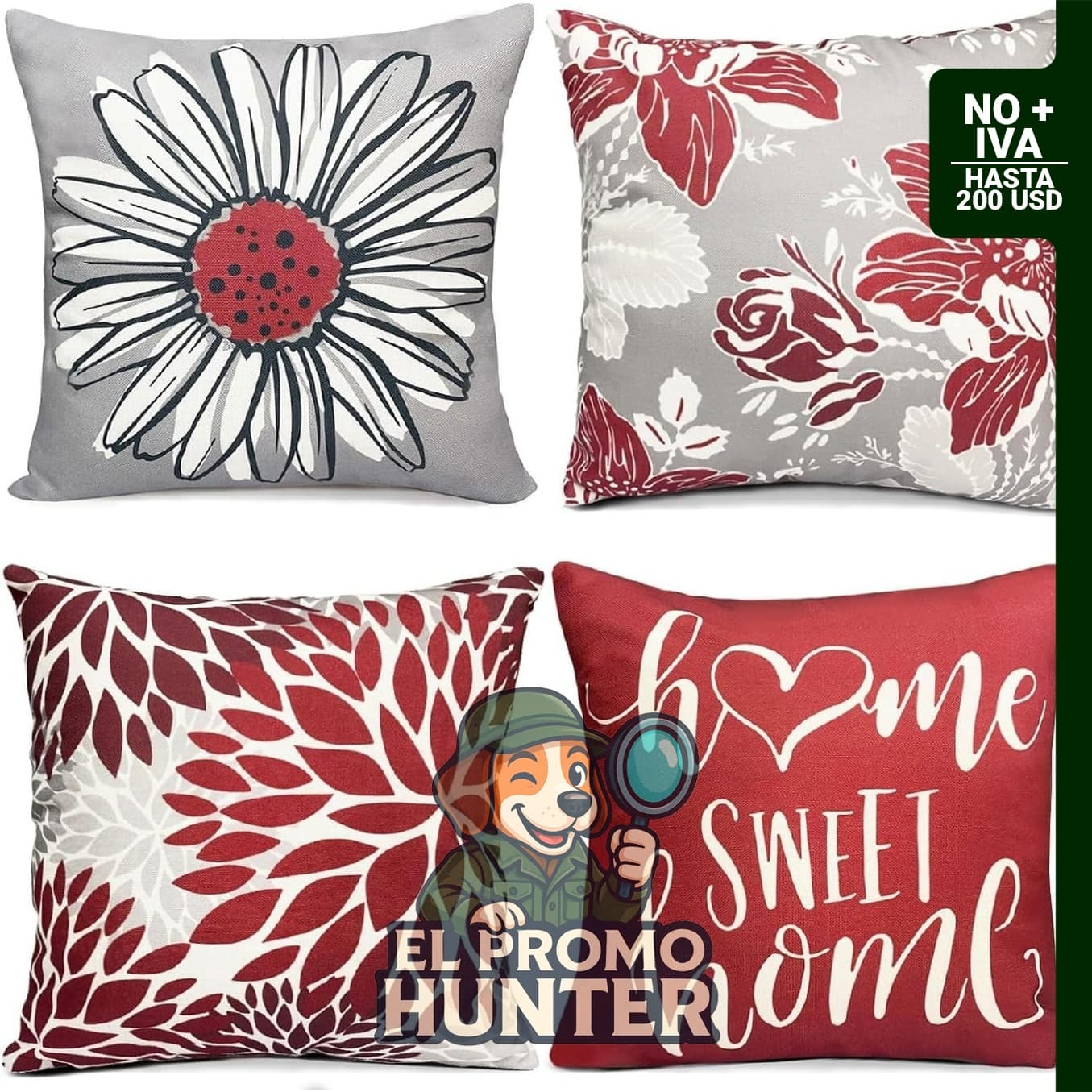 Juego de 4 fundas de almohada cuadradas de lino en color rojo vino de 51 x 51 cm.