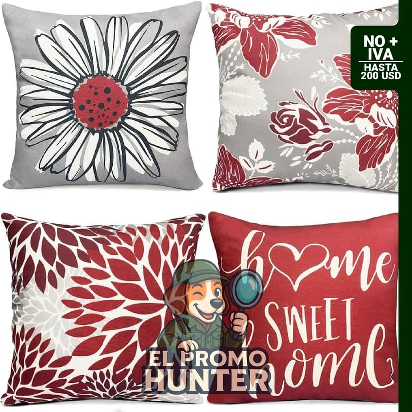 Juego de 4 fundas de almohada cuadradas de lino en color rojo vino de 51 x 51 cm.