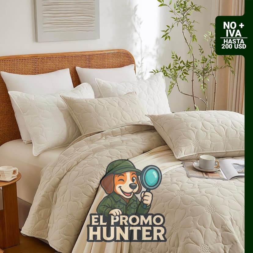 Juego de ropa de cama de 3 piezas con edredón ligero y 2 fundas de almohada, estampado de flores beige.