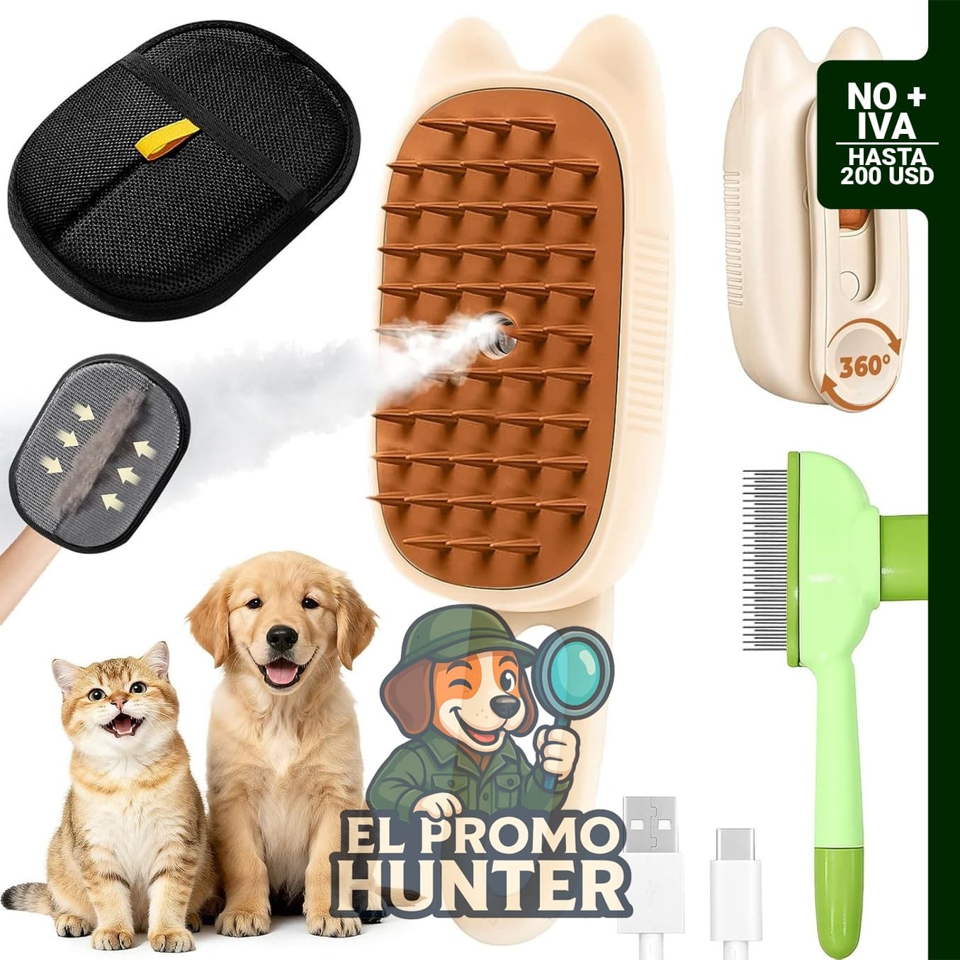 Cepillo de vapor recargable 4 en 1 para gatos y perros, incluye funciones de masaje y peine antipulgas.