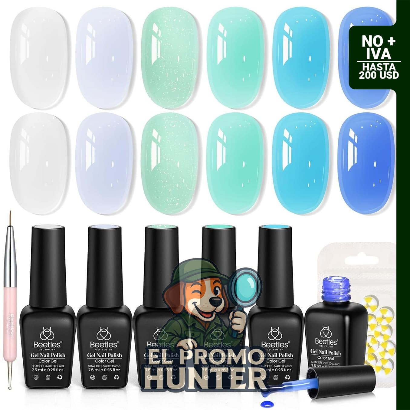 Set de esmaltes de uñas Jelly UV de 6 colores, incluye tonos milky white, azul, verde y turquesa.