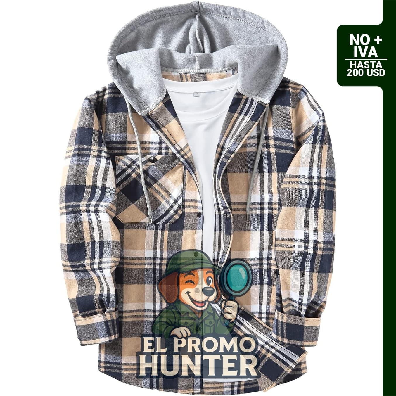 Camisa de franela con capucha y bolsillo para hombre, de manga larga y diseño a cuadros.
